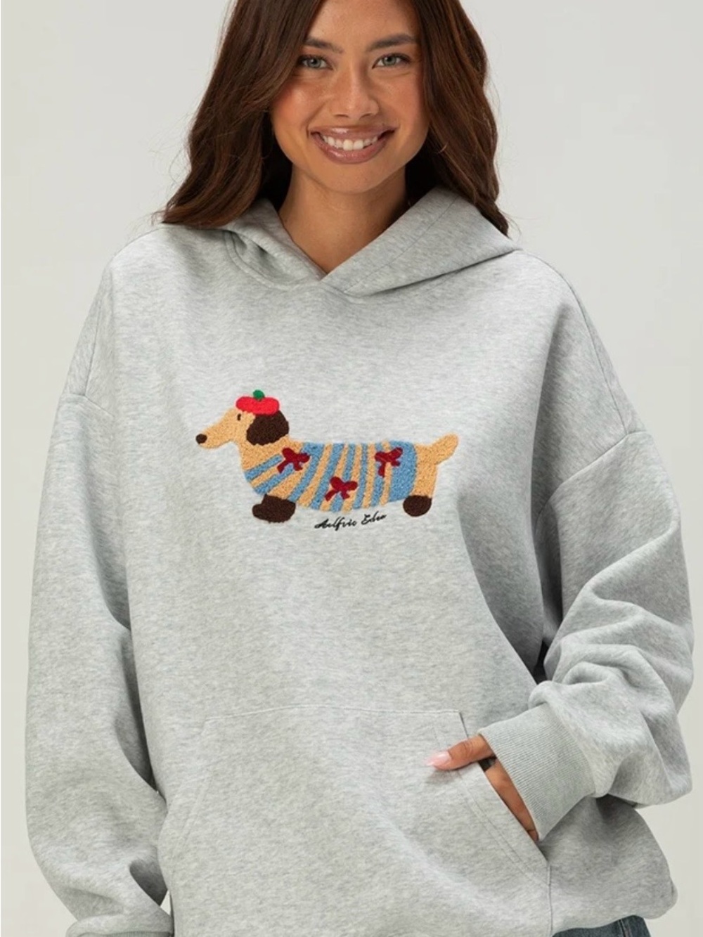 Aelfric Eden Gray Soft Oversized Hoodie with Embroidered Dachshund Graphic NWOT
